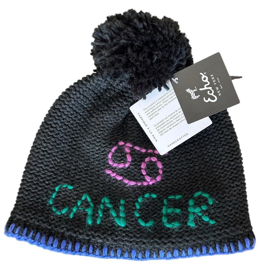 Echo knit cancer horoscope beanie pompom hat O/S NWT